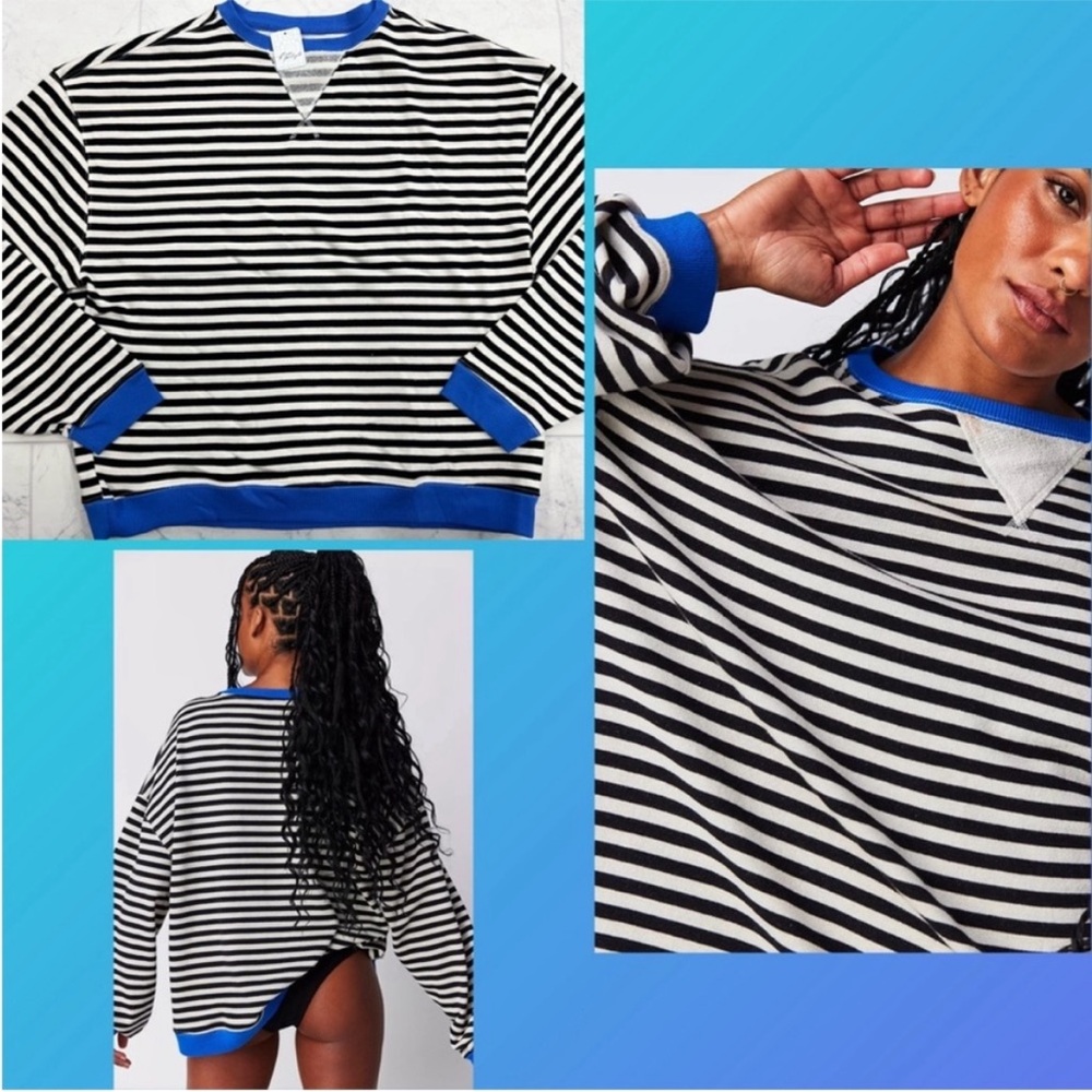 Free People Black & White Striped Sweatshirt with Blue Trim